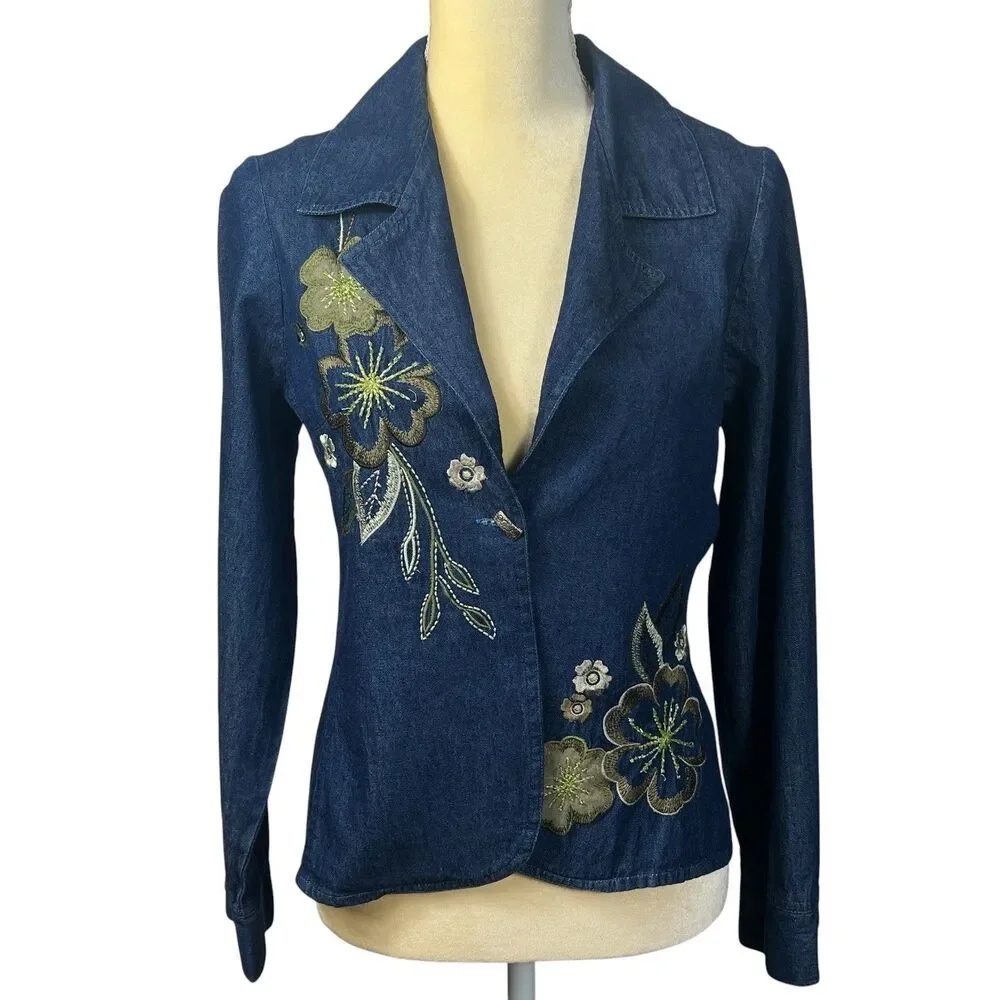 Tantrums Women's PS Blue Denim Floral Embroidered Beaded Blazer Jacket Cotton - Picture 1 of 14